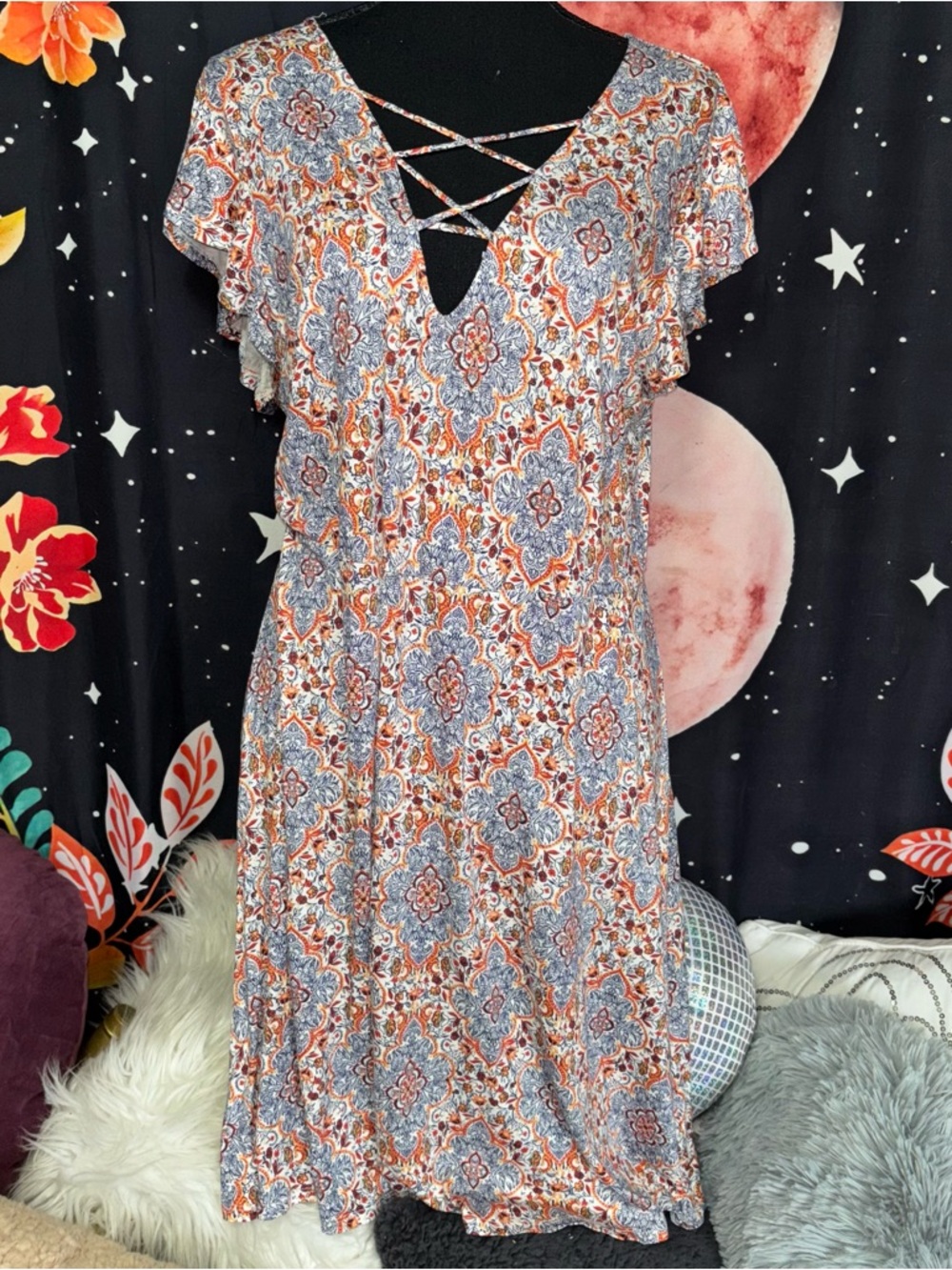 Crisscross V-Neck Midi Dress in Blue and Orange Medallion